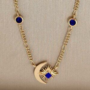 NWT Star Crescent Moon Sapphire Necklace18K Yellow Gold Plated 18” Beaded Chain